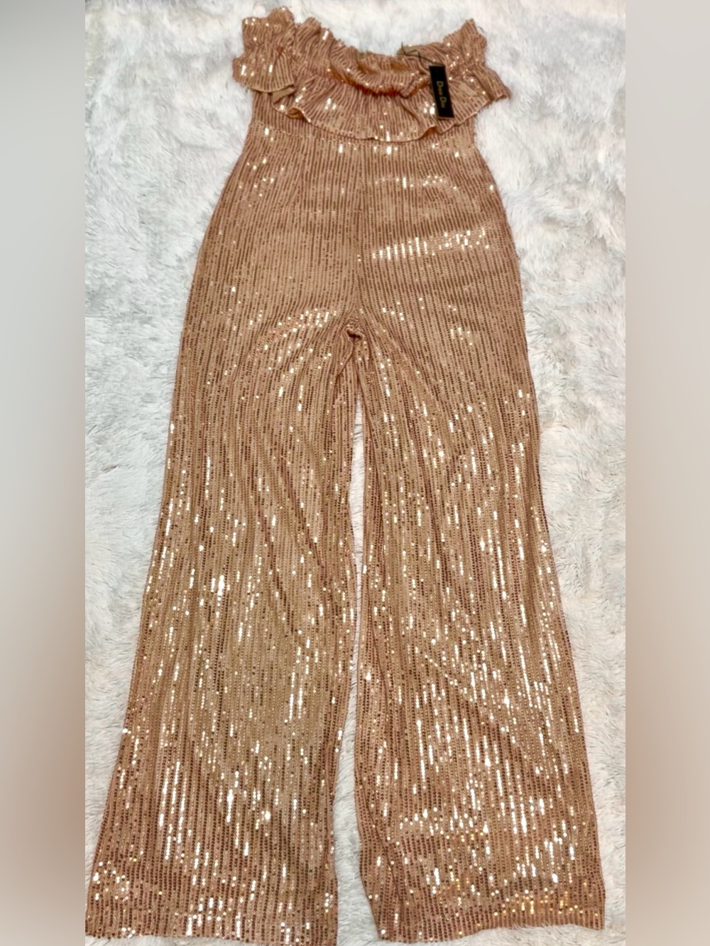 Women’s Sparkle Sequin Wide-Leg Gold Jumpsuit.